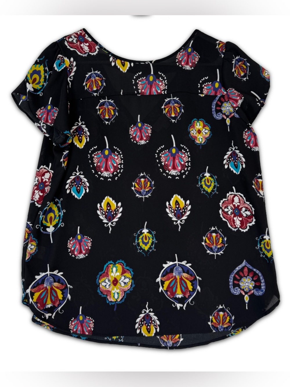Loft Outlet Blouse Womens S Small Black Multicolor Floral Flutter Sl Back V Neck